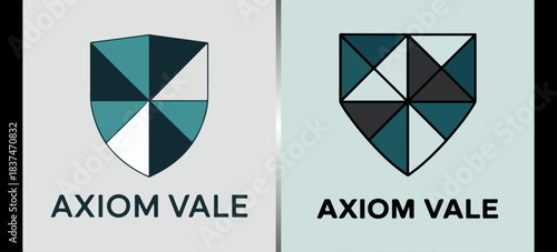 Axiom Vale geometric shield icons with tiled triangles, abstract security crest logo set, modern vector marks for tech, institutions and minimalist branding