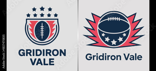 Gridiron Vale American football crest with stars and ball, collegiate team badge logo set, modern sports branding vector for league identity and apparel