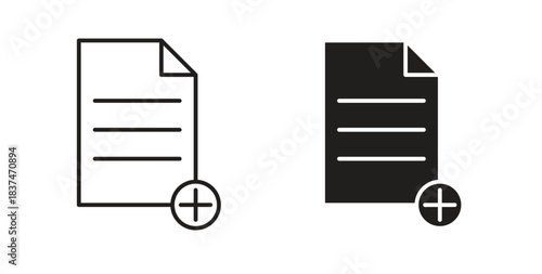 Add document icons, vector design. Silhouette and stroke icon collection
