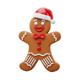 A cheerful, ultra realistic 3D gingerbread man with shiny brown cookie texture, white icing, red buttons, bow tie, Santa hat, on a seamless transparent background. Playful holiday product shot concept