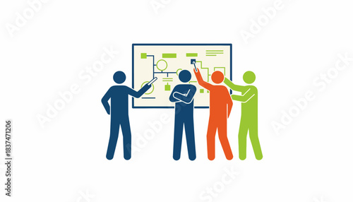 A vibrant visual of a diverse team collaborating around a whiteboard filled with ideas and flowcharts.