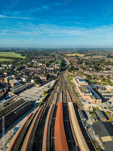 Aerial view over York Railway Station and train tracks on the North East railway line in North Yorkshire