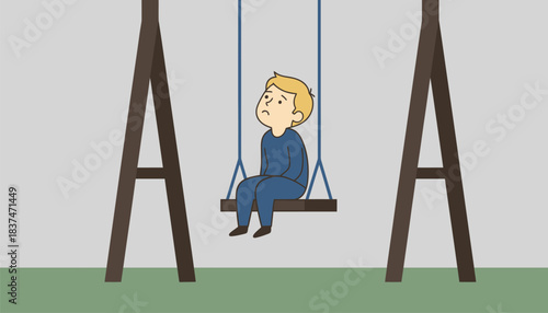 A boy sitting on the swing looking contemplative with a distant gaze reflecting on thoughts and feelings of solitude.