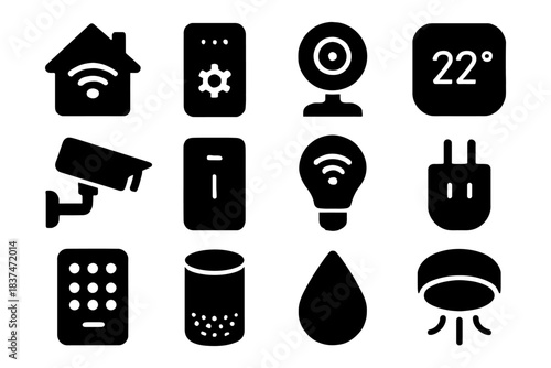 Smart home technology icons: wifi, security camera, thermostat, and more.