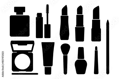 Silhouette collection of makeup products including lipsticks and brushes.