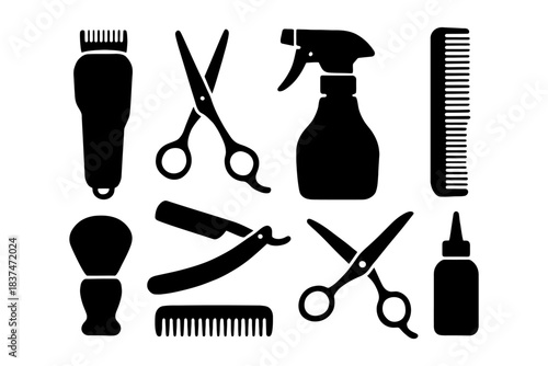 Silhouette barber tools collection: clippers, scissors, spray bottle, comb, razor.