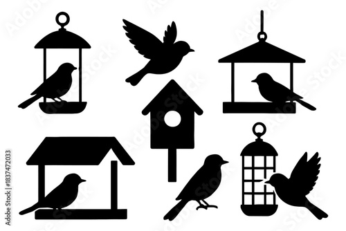 Silhouette collection of various bird feeders and birds in flight.
