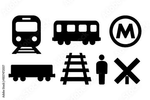 Train and metro symbols: locomotive, tracks, passenger icons.