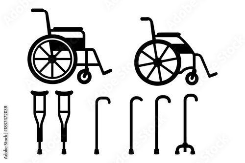 Wheelchair and mobility aid collection: crutches and canes silhouettes.