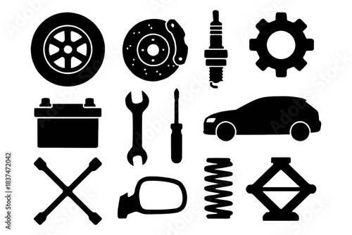 Silhouette collection of car parts and tools in black icons set.