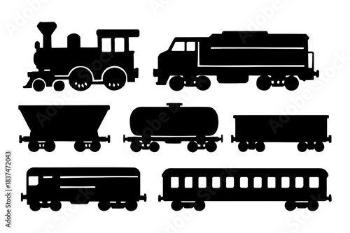 Various train silhouettes: steam, diesel, freight, and passenger cars.