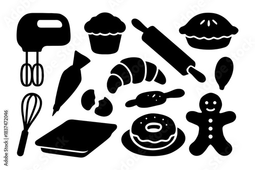 Silhouette of baking tools and pastries: mixer, whisk, rolling pin, piping bag, and baked goods.