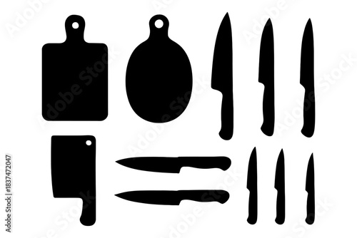 Set of silhouette kitchen knives and cutting boards on white background.