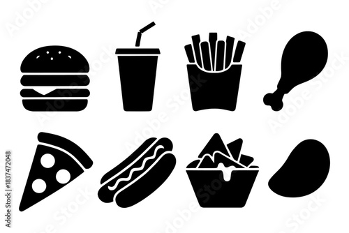 Collection of fast food icons: burger, drink, fries, chicken, pizza, hot dog, nachos, potato.