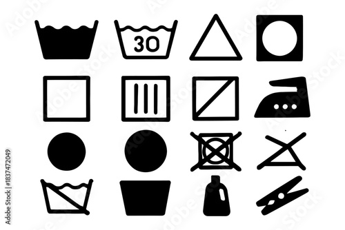 Laundry symbols illustration: washing, drying, bleaching, and ironing instructions.