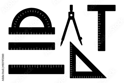 Black silhouette geometry tools set with compass, protractor, rulers, and square.