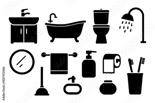 Silhouette icons of bathroom essentials and fixtures.
