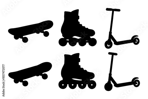 Silhouettes of skateboards, roller skates, and scooters in black and white.