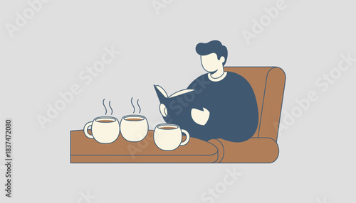 A quiet coffee shop where an adult enjoys a book with steaming mugs around creating a peaceful atmosphere for story exploration.