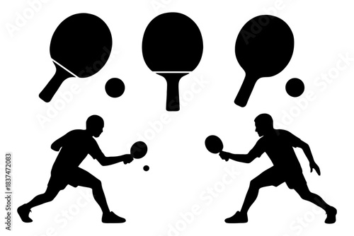 Silhouettes of table tennis players and equipment with paddles and balls.