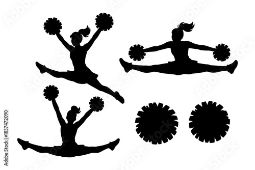 Silhouette cheerleaders jumping with pom-poms in dynamic poses.