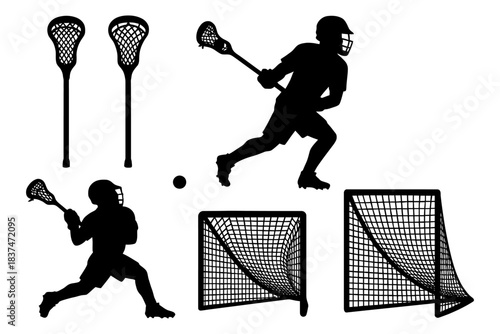 Lacrosse equipment and player silhouettes with sticks and goals.