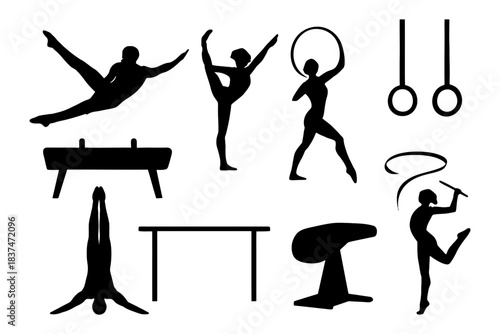 Silhouettes of gymnasts performing various gymnastics activities.