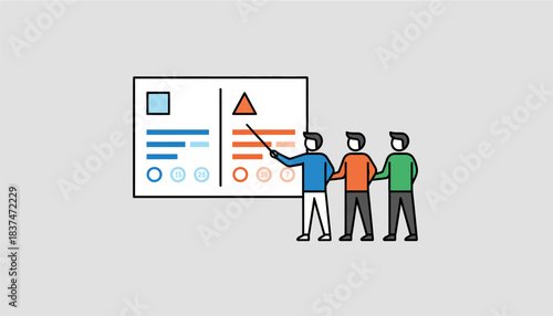 An office setting with marketers analyzing data on a whiteboard featuring key metrics from two contrasting ad campaigns.