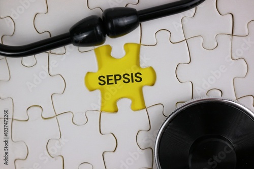 a yellow puzzle piece labeled 'SEPSIS' fitting into a white jigsaw, complemented by a stethoscope. Symbolizes medical awareness, diagnosis, and the connection between healthcare and sepsis management.