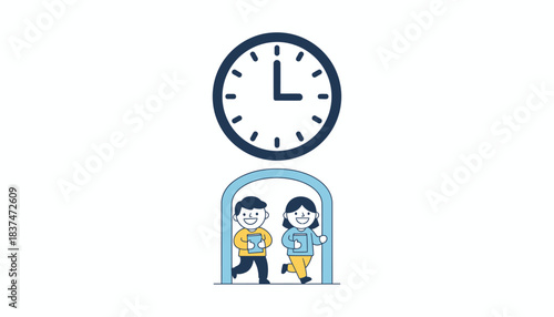 A visual of a clock illustrating the importance of punctuality with students entering the classroom with smiles and books in hand.