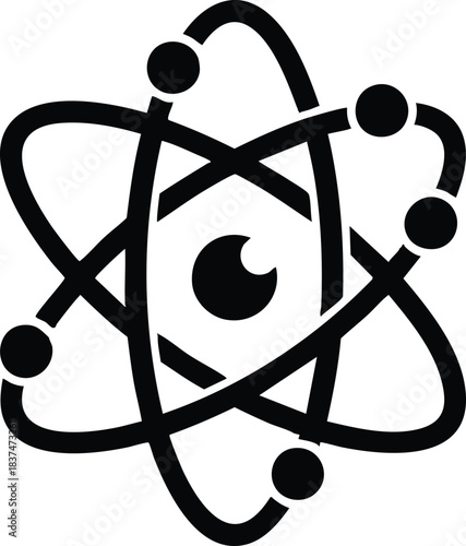 Atom symbol with eye in the center representing scientific observation and vision.