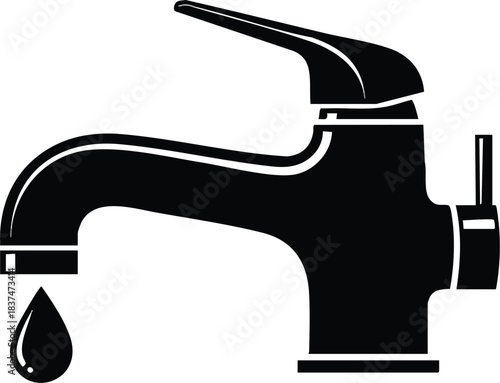 Black and white faucet with water drop plumbing fixture illustration.