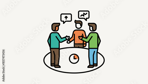 A daily standup meeting with team members standing in a circle discussing their progress and obstacles in a timeboxed session.