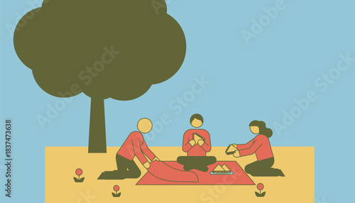 A picnic scene where friends explore a sunny field laying a blanket under a large tree and sharing homemade sandwiches.