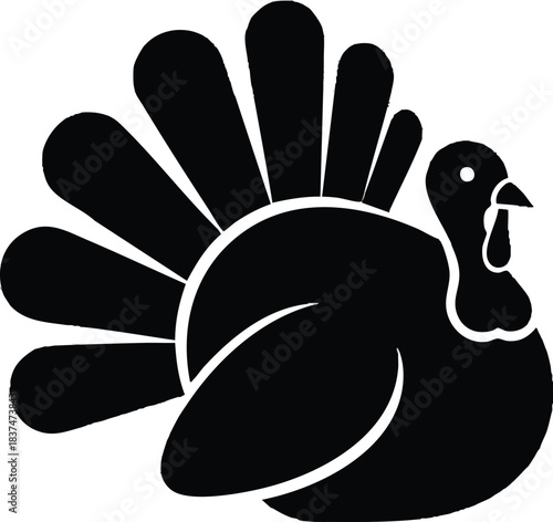 Black and white illustration of a plump turkey bird with a detailed tail and head.