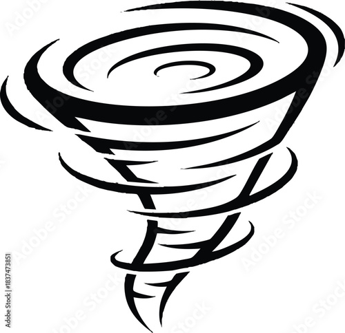 Black and white illustration of a powerful tornado swirling in the sky a natural disaster.