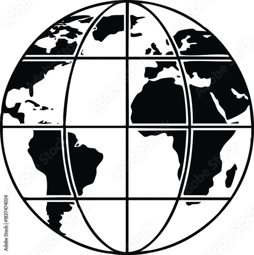 Black and white illustration of the Earth globe with grid lines world map.