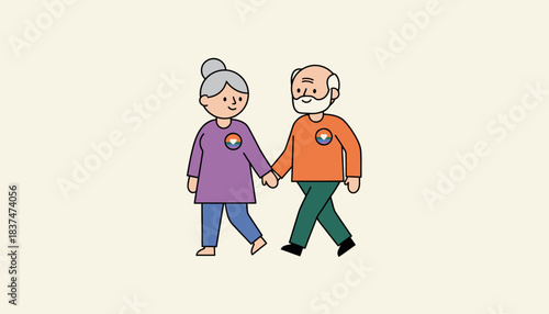 An elderly couple walking hand in hand proudly wearing pride badges signifying a lifetime of love and perseverance.