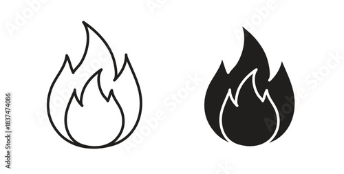 Flame icons, vector design. Silhouette and stroke icon collection