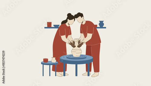 A couple stands together in a pottery studio shaping clay into unique pieces on a spinning wheel their hands covered in mud.