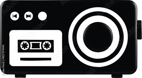 Black and white retro radio with cassette tape design vintage audio device.