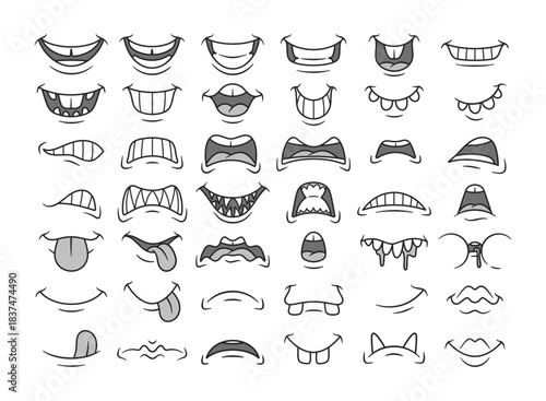 Funny comic mouths groovy retro elements set with various emotions and positive, negative feelings
