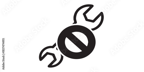 Wrench ban solid icon, repair concept. Vector graphics. Spanner with close button, forbidden item sign on white background, style icon mobile or web design