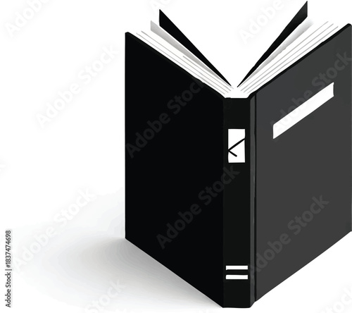 Black book with white pages and a white label on the cover open to display the pages.