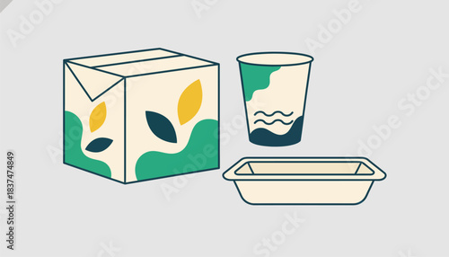 Packaging made from sugarcane waste presented in a sleek modern style with vibrant colors that evoke a sense of sustainability and freshness.