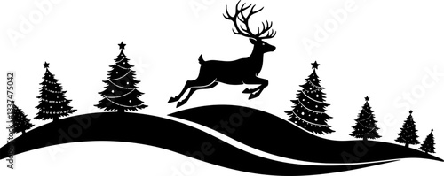 Winter scene with deer and christmas trees black and white vector editable vector
