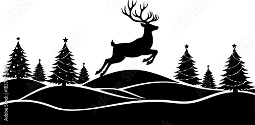 Winter scene with deer and christmas trees black and white vector editable vector

