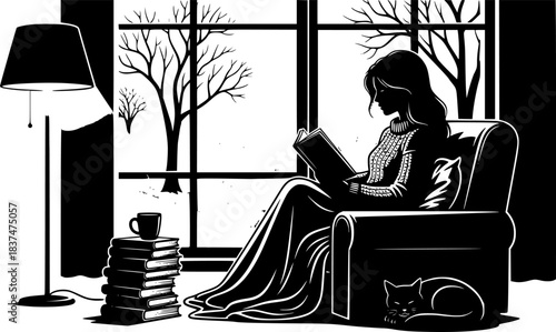 Cozy winter scene silhouette with woman reading book at home
