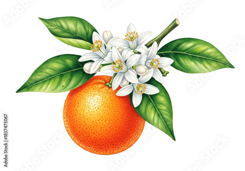 Vibrant watercolor, high angle: two ripe oranges, emerald leaves, white blossoms on branch. transparent background, green splatters, copy space, concept of natural botanical beauty