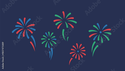 Sparkling aerial shells bloom like flowers radiating vibrant reds blues and greens against a backdrop of deep indigo.